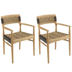 Lot de 2 fauteuils jardin teck rotin synthétique beige noir VALERIA