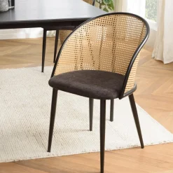 Lot de 2 fauteuils tissu noir dossier arrondi effet cannage LEA