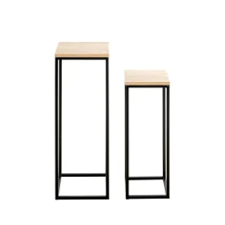 Lot de 2 porte plantes en métal noir et étagères décor chêne