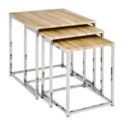 lot de 3 tables acier chromé effet chêne clair