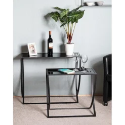 Lot de 2 tables d'appoint laqué Noir en Métal et en Verre trempé