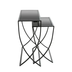 Lot de 2 tables d'appoint laqué Noir en Métal et en Verre trempé