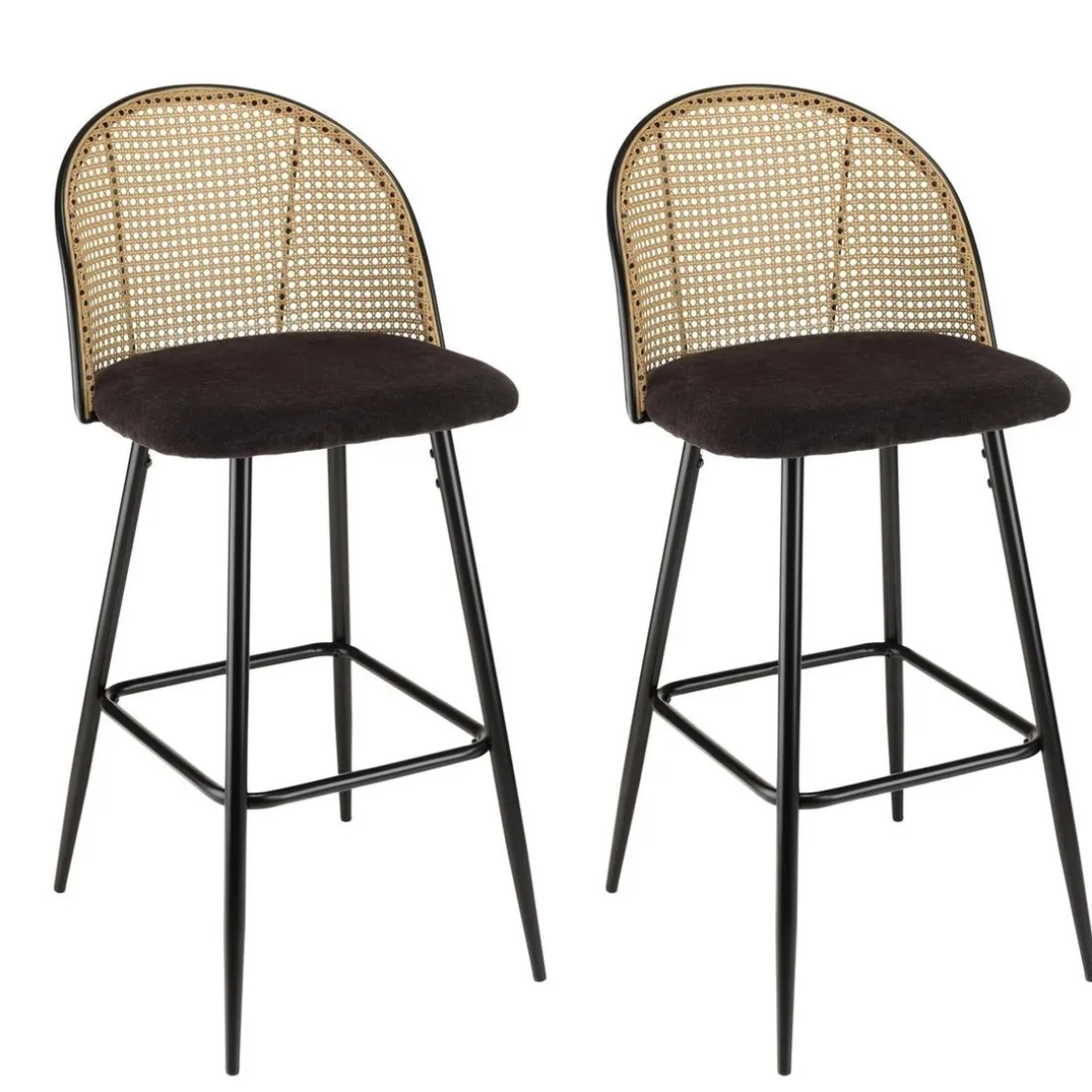 Lot de 2 tabourets de bar assise tissu noir dossier effet cannage LEA