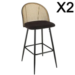 Lot de 2 tabourets de bar assise tissu noir dossier effet cannage LEA