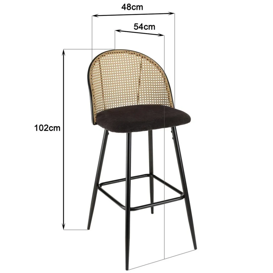 Lot de 2 tabourets de bar assise tissu noir dossier effet cannage LEA