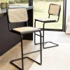 Lot de 2 tabourets d'ilot bois noir rotin naturel pieds métal PIERRE