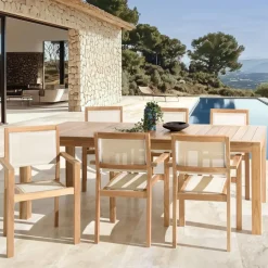 Lot n°166 Salon de jardin en teck et textilène 8/10 personnes