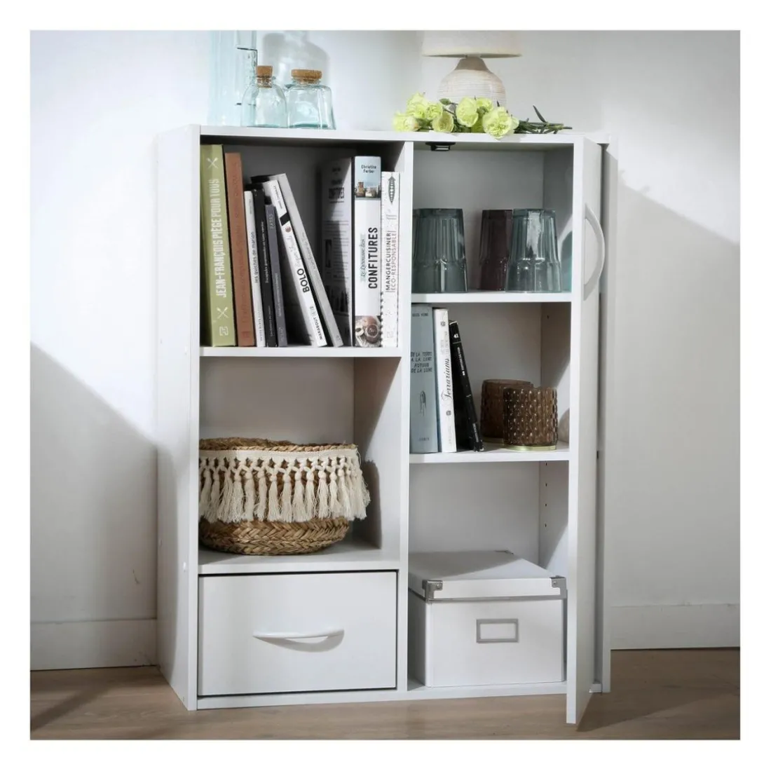 Meuble à 4 cases avec 1 porte et 1 tiroir en bois blanc