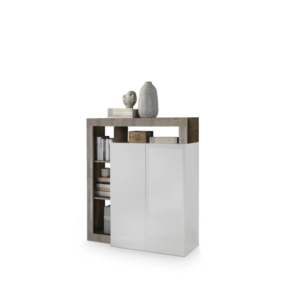 Meuble bar 2 portes HAMBURG décor chene et laqué blanc