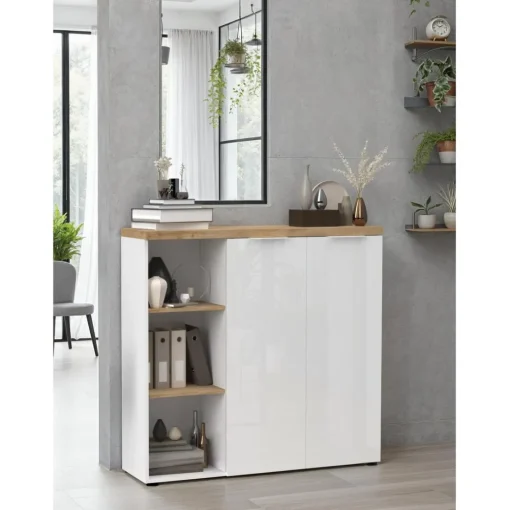 Meuble de bureau bas 2 portes 2 étagères niche avec 2 étagères chene poigné métal EASY