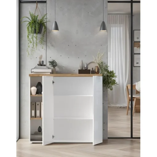 Meuble de bureau bas 2 portes 2 étagères niche avec 2 étagères chene poigné métal EASY