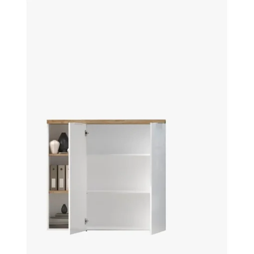 Meuble de bureau bas 2 portes 2 étagères niche avec 2 étagères chene poigné métal EASY