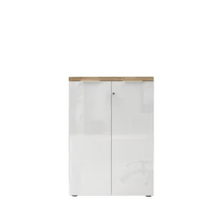 Meuble de bureau bas 2 portes 2 étagères avec serrure à clé poigné métal EASY