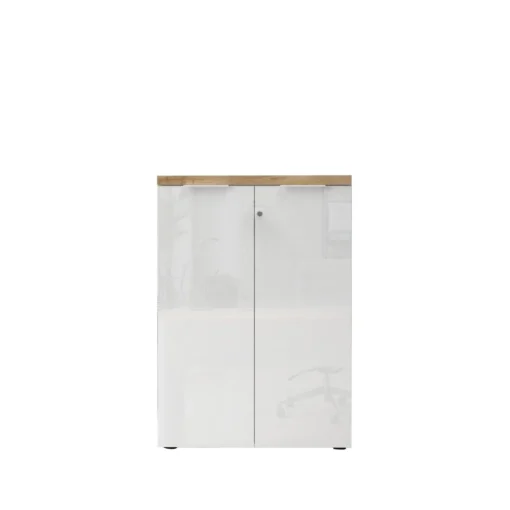 Meuble de bureau bas 2 portes 2 étagères avec serrure à clé poigné métal EASY