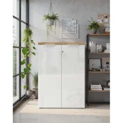 Meuble de bureau bas 2 portes 2 étagères avec serrure à clé poigné métal EASY