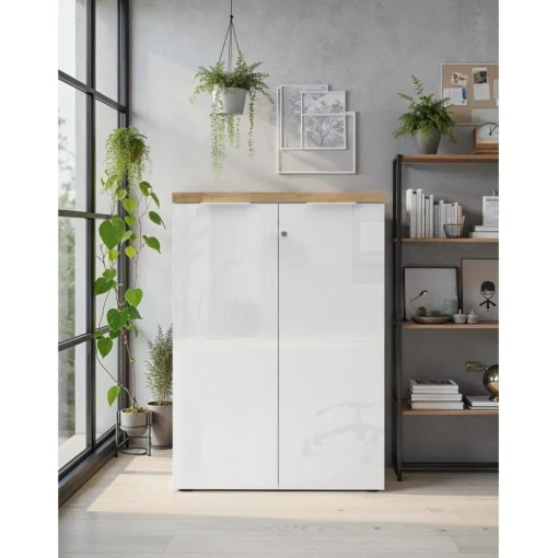 Meuble de bureau bas 2 portes 2 étagères avec serrure à clé poigné métal EASY