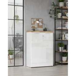 Meuble de bureau bas 2 portes 2 étagères avec serrure à clé poigné métal EASY