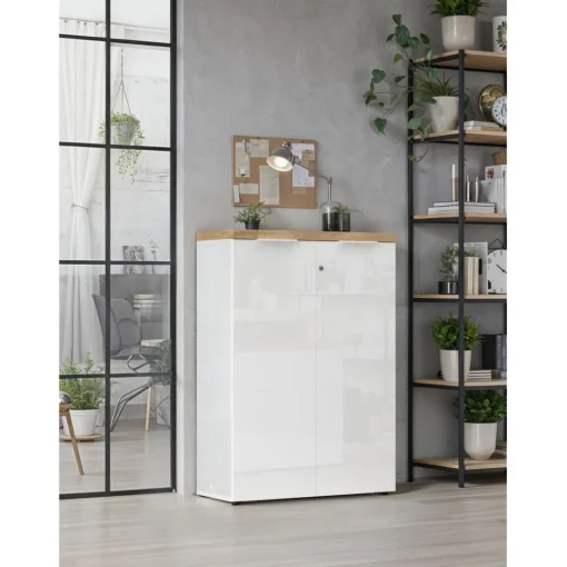 Meuble de bureau bas 2 portes 2 étagères avec serrure à clé poigné métal EASY
