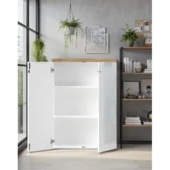 Meuble de bureau bas 2 portes 2 étagères avec serrure à clé poigné métal EASY