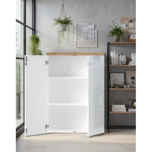 Meuble de bureau bas 2 portes 2 étagères avec serrure à clé poigné métal EASY