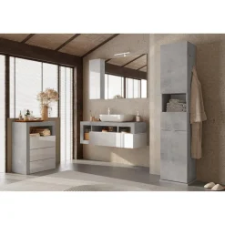 Meuble de rangement salle de bain 3 tiroirs coloris béton façade blanc L64xH78 cm
