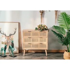 Meuble de Rangement Scandinave 3 Tiroirs Cannage en Bois MANILLA