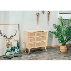 Meuble de Rangement Scandinave 3 Tiroirs Cannage en Bois MANILLA