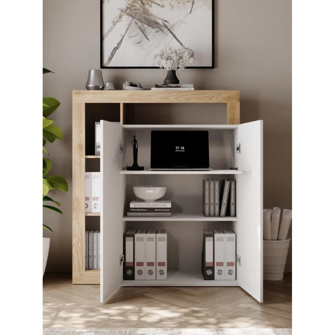 Meuble de rangementavec étagère-bureau 2 portes 2 étagères niches