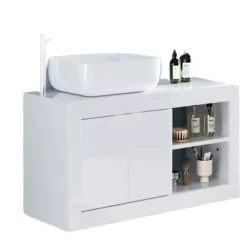 Meuble salle de bain Bari suspendu Blanc laqué 2 Portes 2 niches vasque à poser