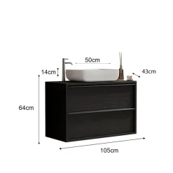 Meuble salle de bain suspendu coloris Frêne Noir 2 tiroirs + vasque à poser en céramique