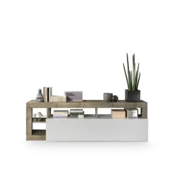 Meuble TV 1 abattant HAMBURG décor chene et laqué blanc