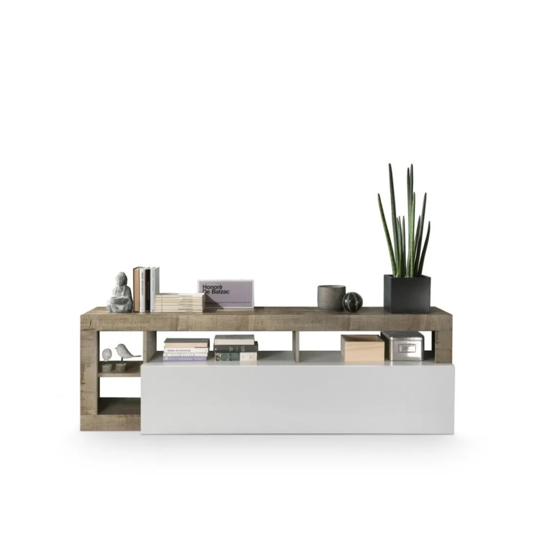 Meuble TV 1 abattant HAMBURG décor chene et laqué blanc