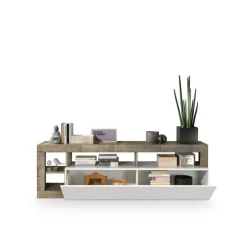 Meuble TV 1 abattant HAMBURG décor chene et laqué blanc