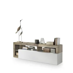 Meuble TV 1 abattant HAMBURG décor chene et laqué blanc
