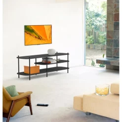 Meuble TV 3 niveaux en métal et en bois noirs