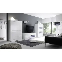 Meuble TV 1 porte BASIC laqué blanc et décor beton