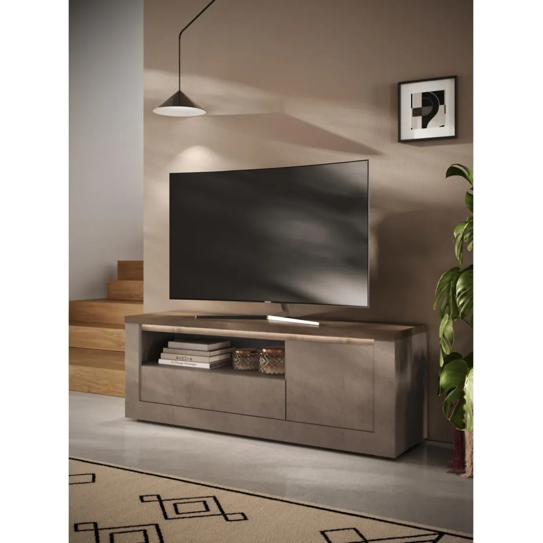 Meuble tv 1 porte et 1 tiroir et niche ISCHIA avec éclairage LED intégré