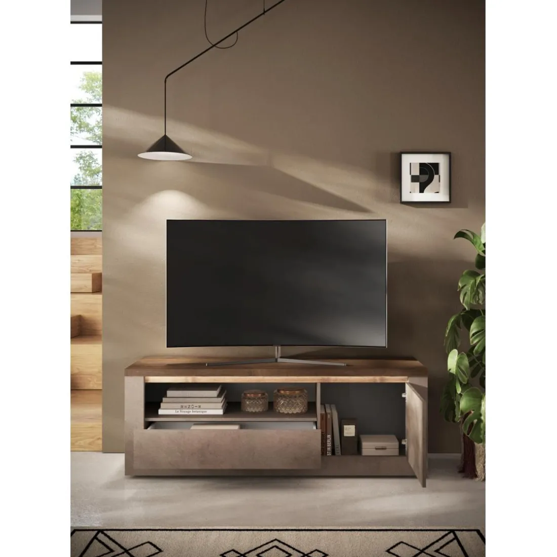 Meuble tv 1 porte et 1 tiroir et niche ISCHIA avec éclairage LED intégré