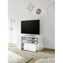 Meuble TV 1 porte et 1 tiroir DAMA laqué blanc brillant