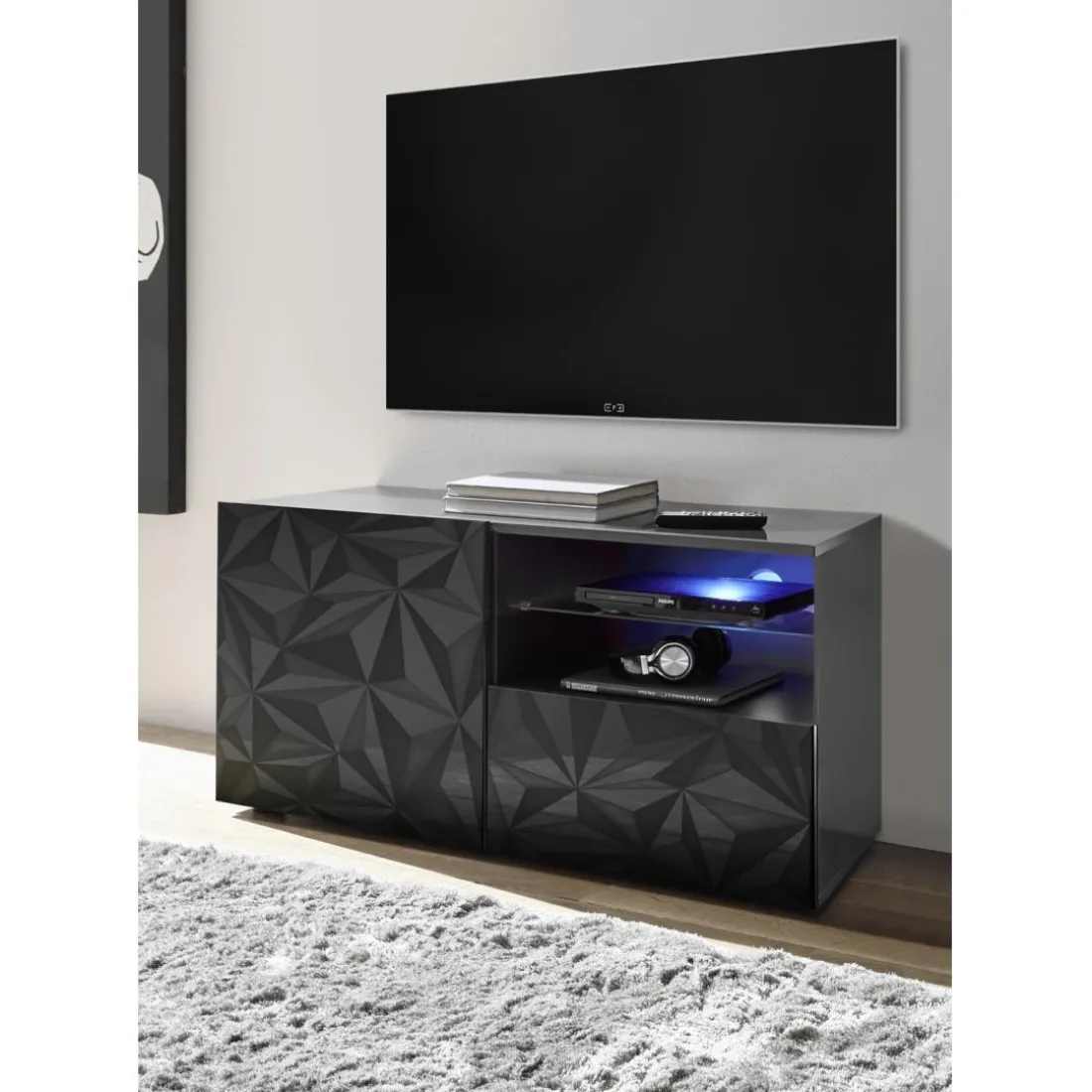 Meuble TV 1 porte et 1 tiroir PRISMA laqué anthracite brillant