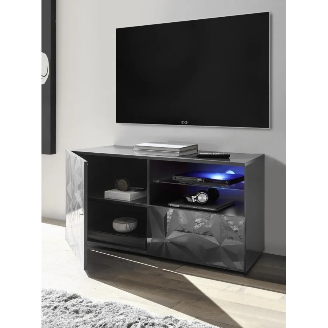 Meuble TV 1 porte et 1 tiroir PRISMA laqué anthracite brillant
