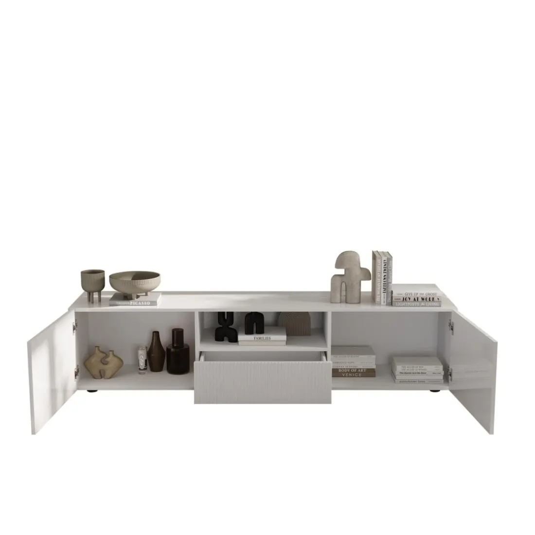 Meuble TV 2 portes 1 tiroir RIO blanc laqué brillant