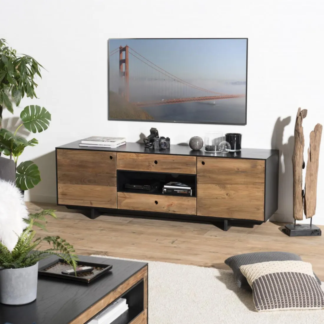 Meuble TV 2 portes 2 tiroirs 1 niche Pin recyclé DANIDO