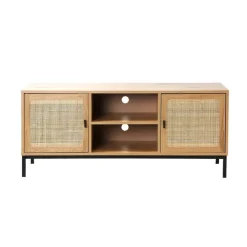 Meuble TV 2 Portes avec Cannage Rotin et 2 Niches en bois Beige