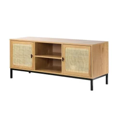 Meuble TV 2 Portes avec Cannage Rotin et 2 Niches en bois Beige