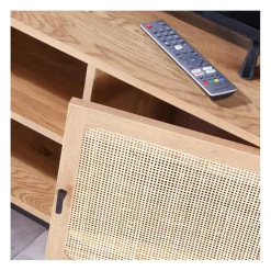 Meuble TV 2 Portes avec Cannage Rotin et 2 Niches en bois Beige