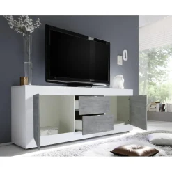 Meuble TV 2 portes et 2 tiroirs BASIC blanc et décor beton