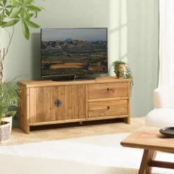 Meuble TV 2 tiroirs 2 portes bois pin recyclé SANDY