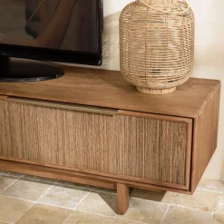 Meuble TV 2 tiroirs en bois teck recyclé et tissage naturel