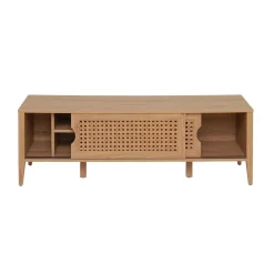 Meuble TV avec 2 Portes Coulissantes Décor Rotin en bois Beige